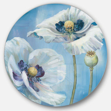 White Flower on Blue I - Floral Circle Metal Wall Decor